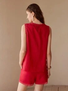 MOTF BLUSA SIN MANGAS DE LINO CON ENCAJE CONTRASTANTE - Rojo - Ver 5