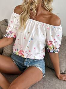 Breezaya Casual Flower Print Off Shoulder Blouse For Vacation - White - View 4