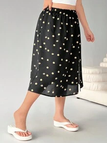 SHEIN EZwear Plus Size Daisy Print Split Hem Casual Skirt, Suitable For Vacation - Black - View 4