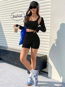 SHEIN EZwear Black Elastic Knit Tight Yoga Sports Vest And Shorts Set For Women