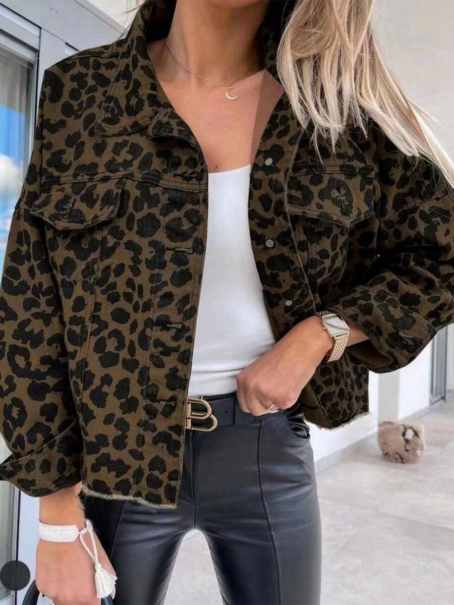 Leopard Print Raw Hem Cropped Denim Jacket - Long Sleeve Versatile Basic Coat For Women Fall Winter