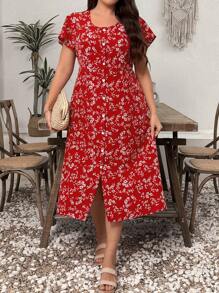 Plus Size Women Summer Front Button Short Sleeve All-Over Print Casual Dress - Red - View 1