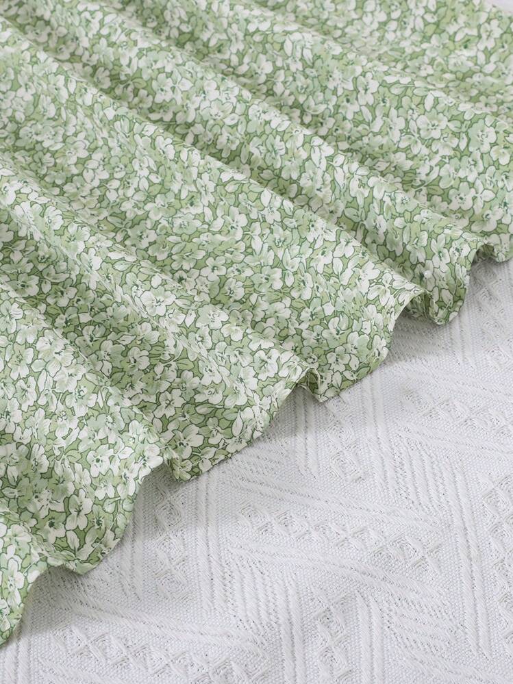 SHEIN 青少年女孩休闲日常度假绿色碎花荷叶边下摆系腰连衣裙 - 綠色 - 查看 5