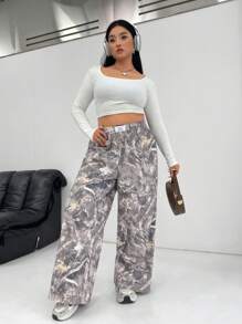 SHEIN EZwear Pantalones largos casuales con estampado tejido para mujer de talla grande, minimalista y de moda para uso diario