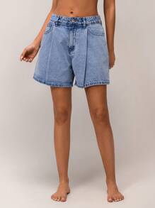SHEIN Forever 21 Summer /Country Concert/Country Concert/Tea Party /Elegant /Concert /Casual Women/Summer /Mid-Waisted Blue Denim Shorts - Blue - View 3