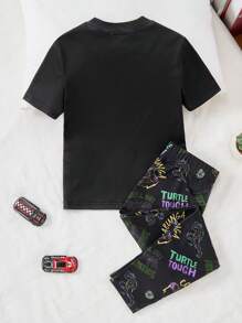 TEENAGE MUTANT NINJA TURTLES | SHEIN Young Boy Fashionable Glow-In-The-Dark Full Print Turtle Pattern Knitted Snug Fit Pajama Set - Black - View 2