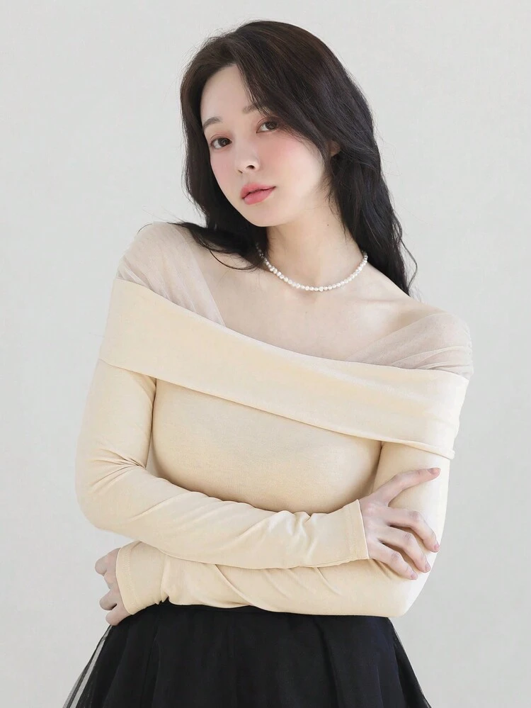 Women's Elegant Off-Shoulder T-Shirt With Mesh Panel,Fall Clothes Long Sleeve Going Out Tops Women