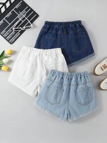 SHEIN 3 pièces Ensemble de shorts en jean ajustés et près du corps pour préadolescentes, bleu clair, bleu foncé et blanc, décontracté et polyvalent pour le printemps/automne - Multicolore - Voir 2