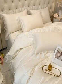 优雅简约纯色刺绣贴花床上用品套装，秋季装饰，秋季装饰，房间装饰 - 米色 - 查看 6