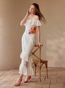 MOTF PREMIUM VESTIDO CON ESCOTE DESCUBIERTO DE HOMBROS Y ENCAJE DE CONTRASTE - Blanco - Ver 1