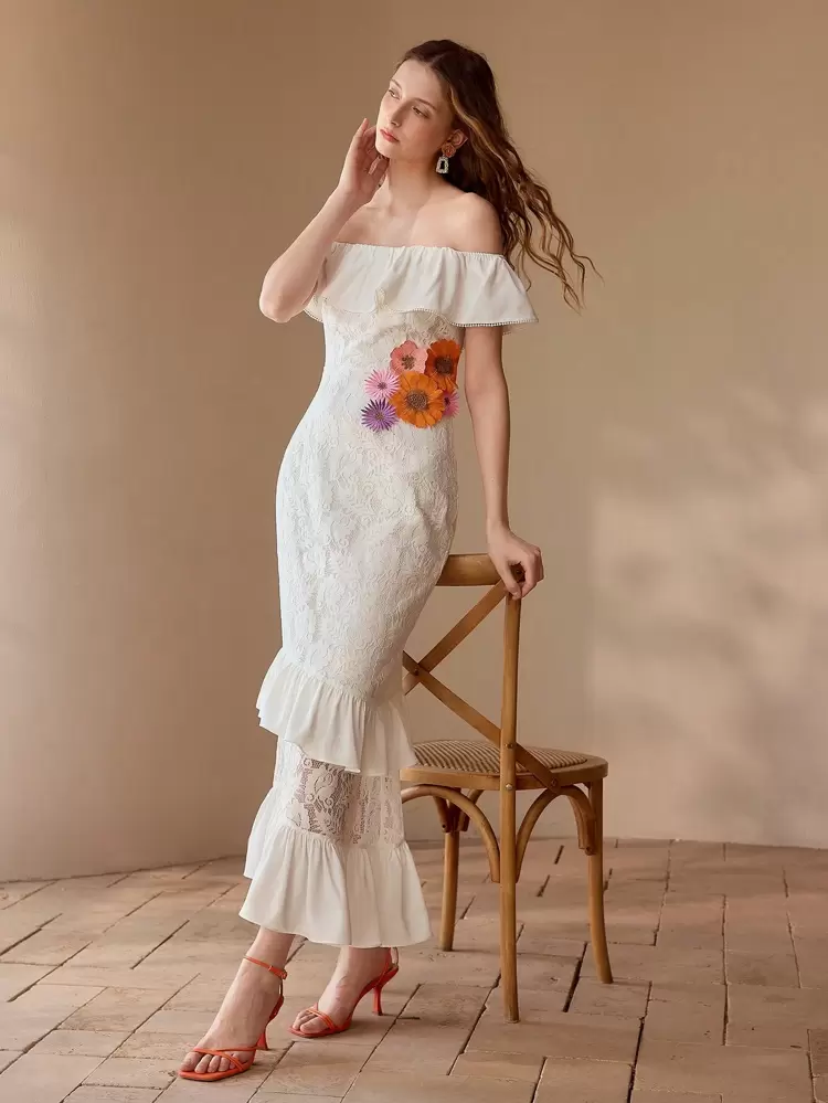 CONTRAST LACE OFF SHOULDER DRESS