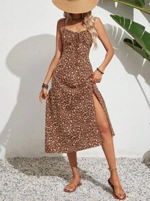 SHEIN Frenchy Đầm midi không tay xẻ tà họa tiết hoa dành cho kỳ nghỉ của phụ nữ - Cà phê - Xem 5