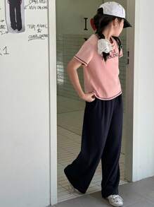 DAZY 2 件套青少年女孩字母印花短袖 T 恤和裤子套装，返校服装 - 粉色 - 查看 7