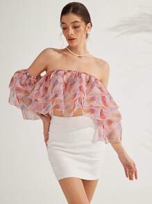 Aveloria Elegant Vacation Refined Versatile Fashion Layered Ruffle Off Shoulder Floral Print Chiffon Blouse For Women, Ideal For Valentine's Day Boho Beach Fashionable Style All Over Print For Summer Spring Fall Autumn