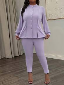 Maweii 2 pièces/set Blouse avec boutons et legging skinny taille haute pour femmes grande taille - Parme - Voir 3