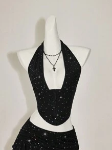 SHEIN ICON Women's Y2k Going Out Two Pieces Summer Sets Rave Festival Sequin Halter Neck Cropped Top And Low-Waisted Mini Skirt Set - Black - View 9