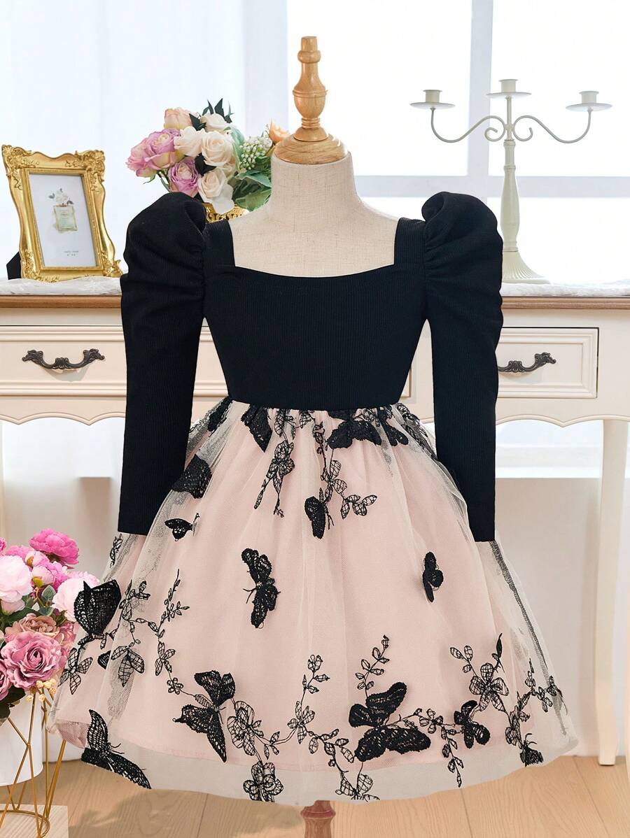 SHEIN Young Girl Solid Color Knit Raglan Sleeve Splice Woven Mesh Panel Dress
