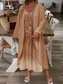 SHEIN Set de 2 vestidos de encaje y gasa elegante para tallas grandes, para primavera/otoño - Caqui - Ver 4