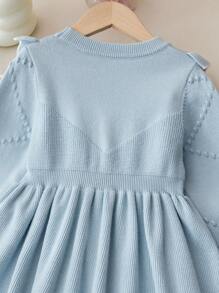 Souflis Souflis Váy len trang trí nơ hồng cho bé gái, váy dệt kim dài tay cổ tròn viền bèo nhún dễ thương - Màu xanh lam - Xem 7