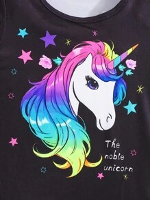 Young Girl 2pcs Unicorn Luminous Print Pajama Set, Short Sleeve T-Shirt & Shorts, Summer Spring, Black Base