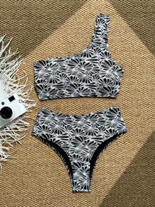 SHEIN Swim Bộ đồ bơi nữ mới cho kỳ nghỉ xuân, vải kết cấu, màu đen và trắng, viền vỏ sò, một bên vai, hai mảnh, bikini - Đen và trắng - Xem 7