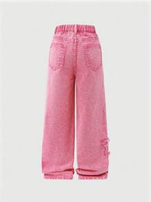 Denimly 女童休闲日常都市街头可爱星星刺绣不对称松紧腰拉链门襟直筒牛仔裤 - 粉色 - 查看 2