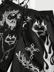 ROMWE MEN Street Life Men's Letter Print Round Neck Short Sleeve Casual T-Shirt And Drawstring Waist Shorts Set - Black and White - View 3