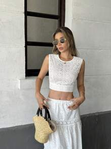 Chiquease Débardeur sexy à nœud papillon et dos ouvert brodé pour femmes - Blanc - Voir 4