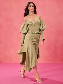 TSS Designer Army Green Off-Shoulder Smocking Ruffled Top And High Waist Ruched Asymmetrical Skirt Rave Set, For Festival Party Tops For Women Off Shoulder Tops Resort Wear 2025 - Army Green - View 4