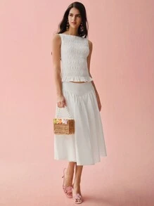 Enchnt 女士纯色褶皱圆领休闲背心 - 白色 - 查看 4