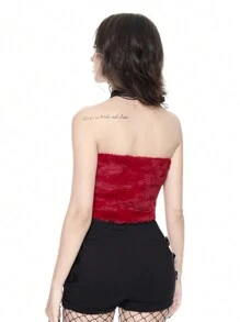 ROMWE Goth Spring Break Concert Festival Party Outfit Women, Rave Outfits, Plush PU Embroidered Cross Pendant Strapless Sexy Color Contrast Crop Top