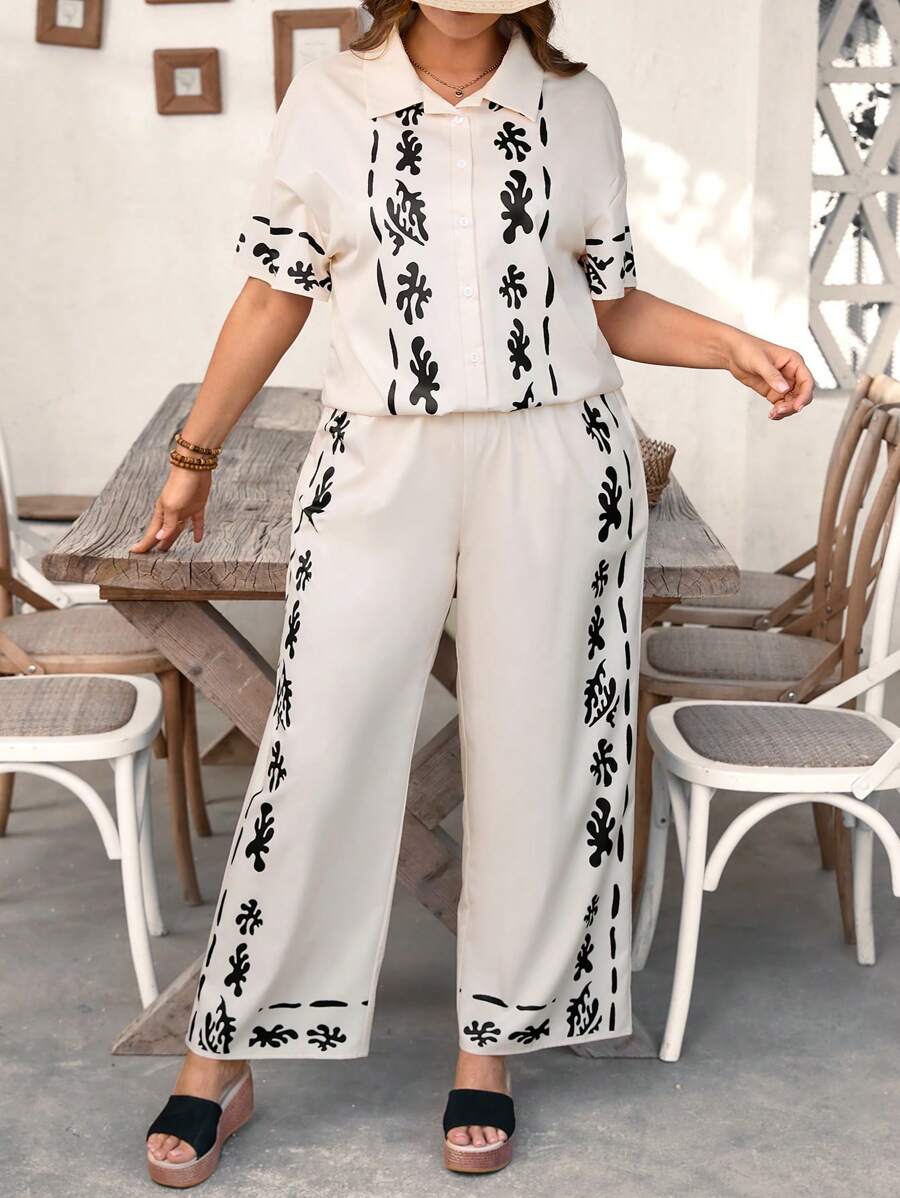 SHEIN LUNE 2 pièces Ensemble chemise à manches courtes et pantalon à taille élastique ample avec imprimé floral pour femmes grandes tailles, polyvalent et confortable pour le printemps/été - Multicolore - Voir 1