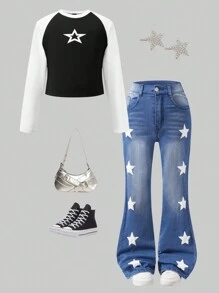 SHEIN 青少年女孩休闲星星印花圆领上衣和喇叭牛仔裤两件套服装 - 中等水洗藍 - 查看 1