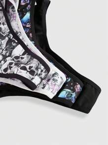 ROMWE 4pcs Set Gothic Punk Skull Rose Milk Silk Thong Panties - Black - View 12