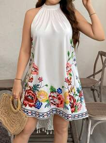 SHEIN Clasi Robe d'été décontractée avec imprimé floral et col ras-du-cou, grande taille