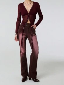 TypaGal 双纽扣复古洗水棉质牛仔裤 - 紅色 - 查看 6