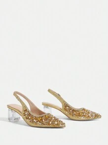 CUCCOO TILAWA Women's Pointed Toe Crystal Heel Hollow Out Rhinestone Shoes, Suitable For Outing, Banquet, Party And Other Occasions Spring Shoes Spring Break Easter Prom Heels For Christmas - Gold - View 5