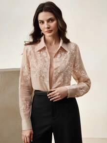 Anewsta Blouse chiffon polyvalente de couleur nude élégante et Top de gamme avec broderie de dentelle jacquard de printemps - Vieux Rose - Voir 8