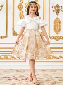 SHEIN Tween Girl Elegant Fitted Cute Puff Sleeve Off Shoulder Camisole + Pleated Floral Printed Skirt 2pcs Sets - White - View 3