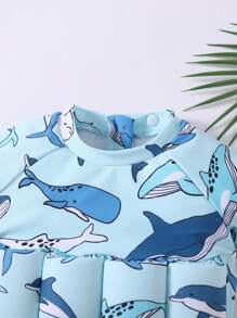 SHEIN 1pc Young Boy Cartoon Dinosaur Pattern Padded One-Piece Swimsuit, Cute Casual Holiday Wear, Suitable For Beach Or Pool, Spring/Summer - Blue - View 3