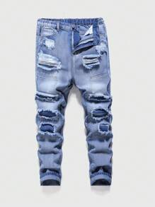 Teenage Boys' New Applique Patchwork Ripped Skinny Fit Distressed Denim Jeans - Light Wash - View 1