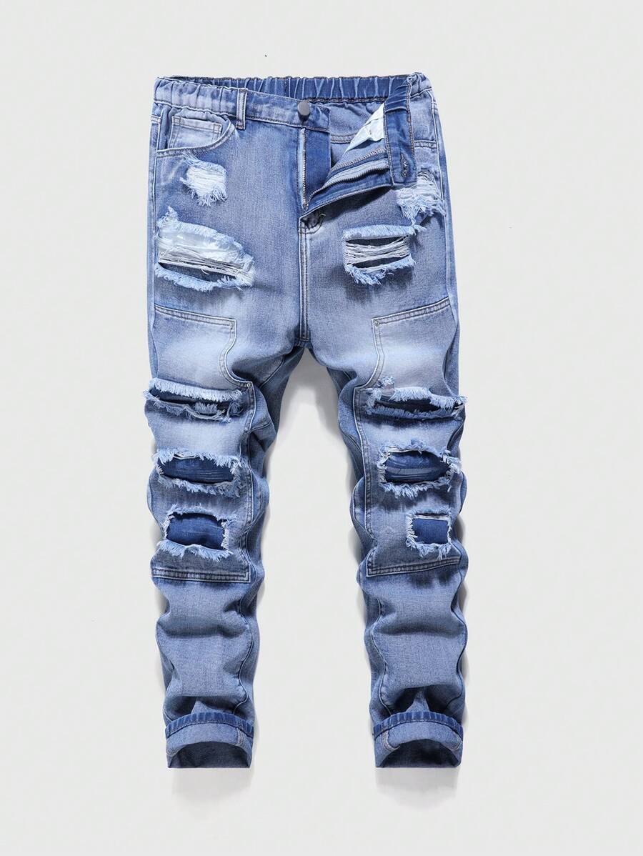 Teenage Boys' New Applique Patchwork Ripped Skinny Fit Distressed Denim Jeans - Light Wash - View 1