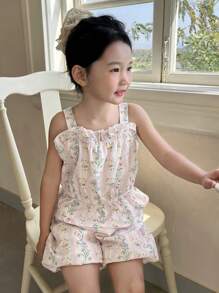 DAZY 2pcs/Set Young Girl Casual Minimalist Camisole Top And Shorts Set Floral,Girls Summer Outfits Vacation - White - View 5