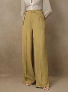Anewsta Solid Color Straight Leg Elegant High Waist Trousers, Suitable For Vacations And New Year's Outfits - Olive Green - View 6