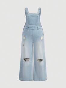 SHEIN MOD Plus Size Summer Spring Casual Ripped Denim Overalls, Spring Y2K Outfit