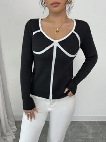 Chiquease Suéter de mujer de cuello en V de color contrastante de manga larga, suéter de punto de otoño/invierno