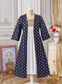 Set de 2 piezas de vestido y abrigo ligero de manga larga informal para niña preadolescente