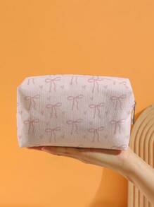 ROMWE Kawaii Pink Bow Pattern Octagon Velour Cosmetics Bag - Multicolor - View 2