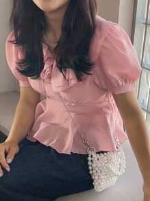 DAZY 方领修身短款女式衬衫，荷叶边，娃娃衫，度假风