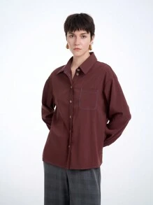 Aalyst Women's Long Sleeve Color Block Stitching Single-Breasted Shirt, Country Style - Brown - View 1